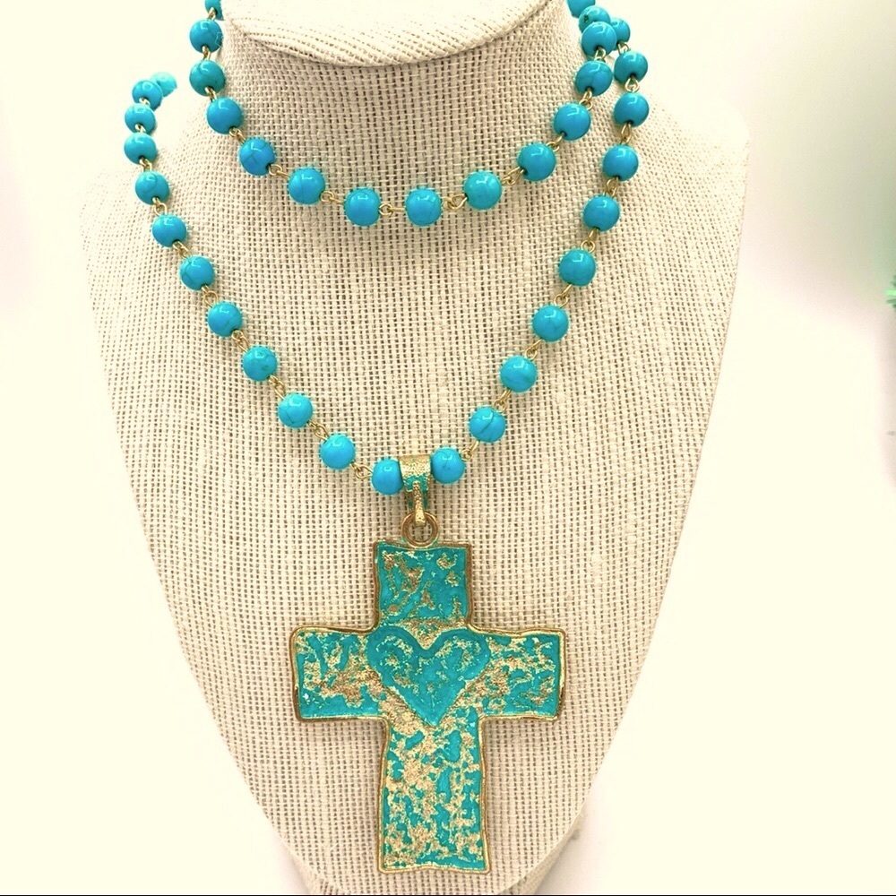 Gold and turquoise cross. Heart turquoise beads.